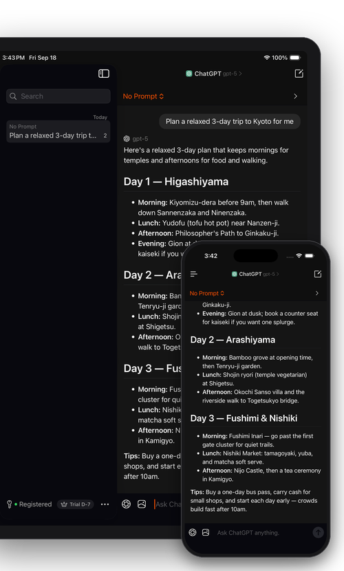 A Kyoto trip plan answered by GPT-5, continued from iPad to iPhone through iCloud