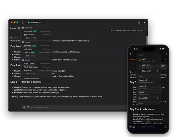 The model picker on Mac and iPhone showing recommended, fast, and top-performance picks with NEW badges