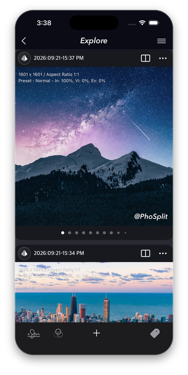 The PhoSplit Explore screen listing a night-sky project and a city skyline project with their size, aspect ratio, and preset details