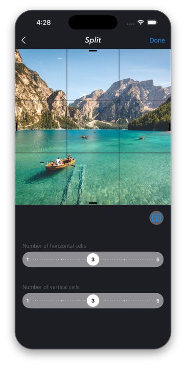 The PhoSplit split editor showing a 3 by 3 grid drawn over a mountain lake photo with sliders for horizontal and vertical cells
