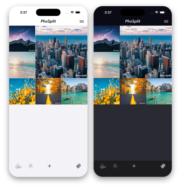 The PhoSplit project grid of landscape photos shown side by side in light mode and dark mode