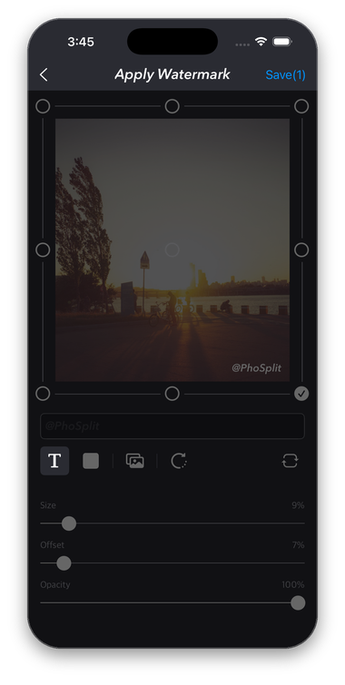 The PhoSplit watermark editor with a text watermark, anchor points, and sliders for size, offset, and opacity